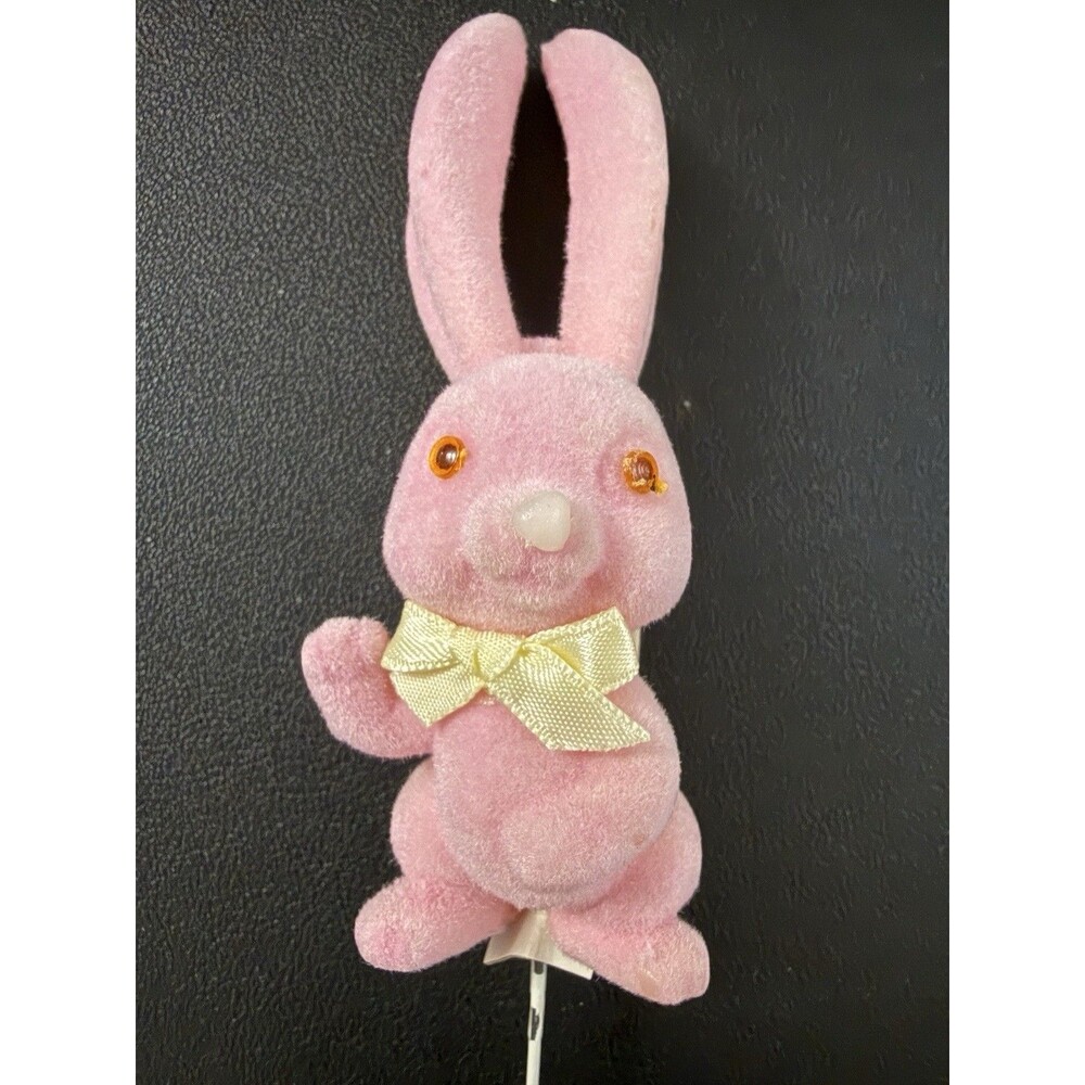 VINTAGE Flocked EASTER Pick Pink Bunny Rabbit with original tag 4.5" w/o wire